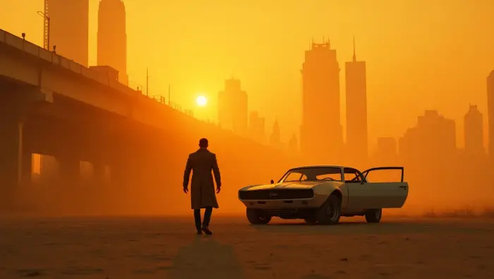 Scène cinématographique de science-fiction dystopique au coucher du soleil, avec de la poussière orange et du brouillard