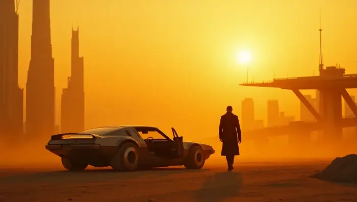 Scène cinématographique de science-fiction dystopique au coucher du soleil, avec de la poussière orange et du brouillard